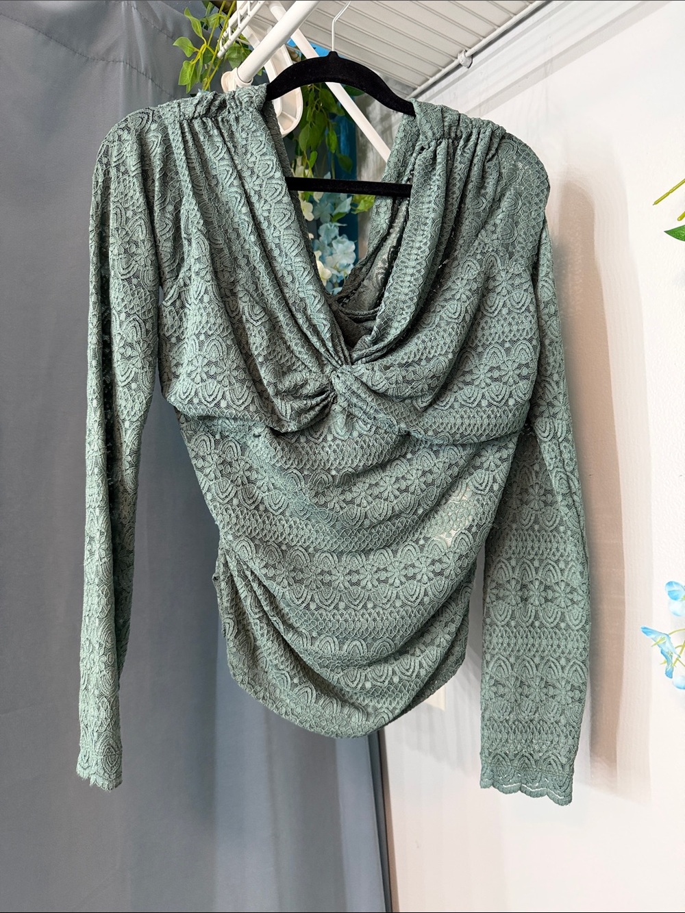 Free People Sage Green Lace Draped Long Sleeve Top